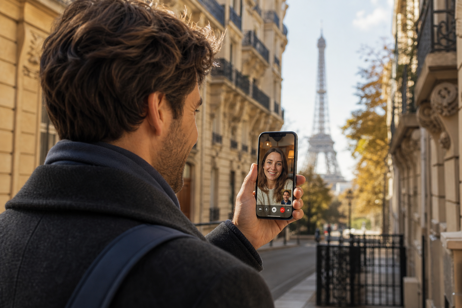 A traveler in Paris video-calling his wife on an iPhone